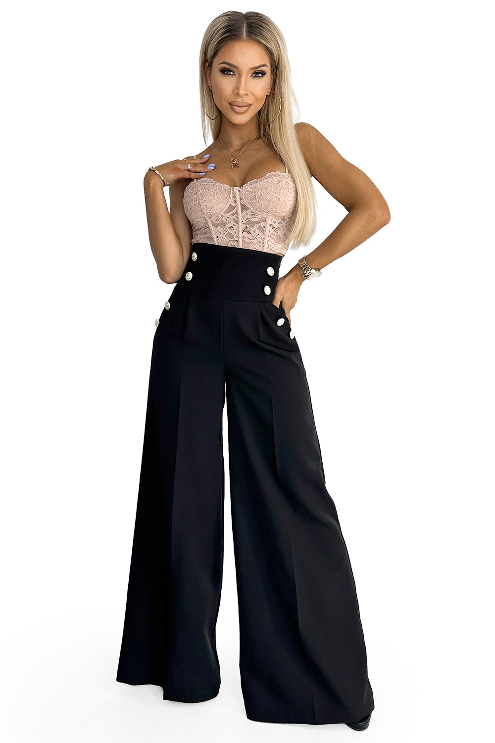 Numoco 496-1 Elegant wide pants with high waist and golden buttons - black-6