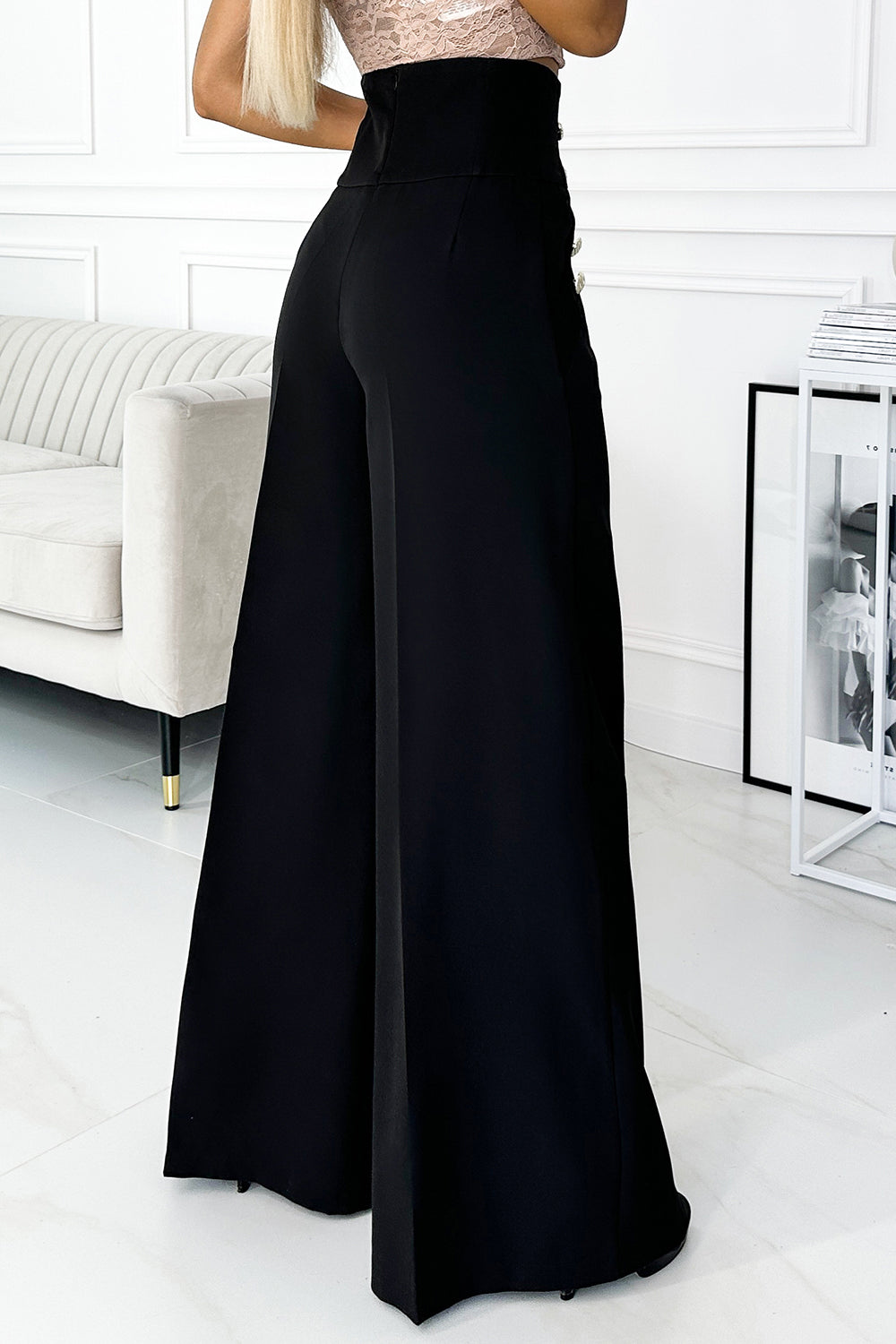 Numoco 496-1 Elegant wide pants with high waist and golden buttons - black-4