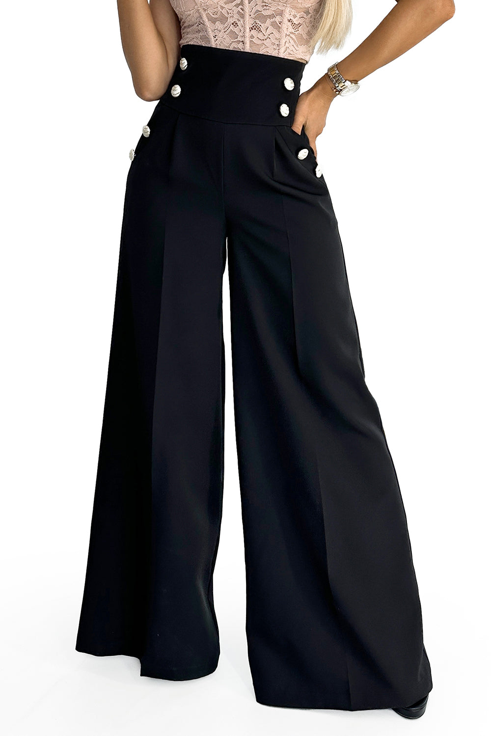 Numoco 496-1 Elegant wide pants with high waist and golden buttons - black-7