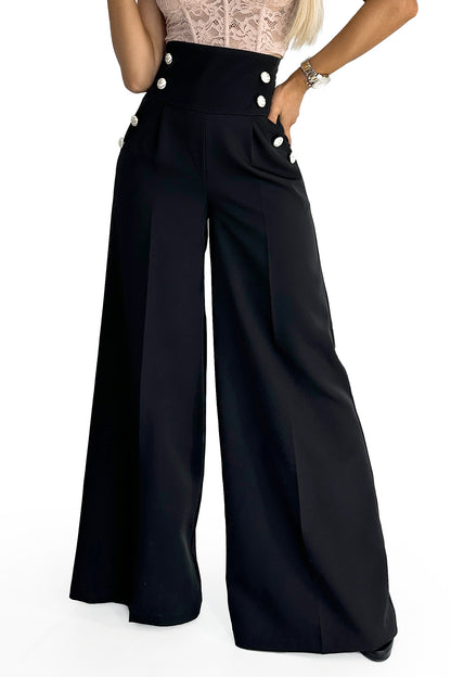 Numoco 496-1 Elegant wide pants with high waist and golden buttons - black-7