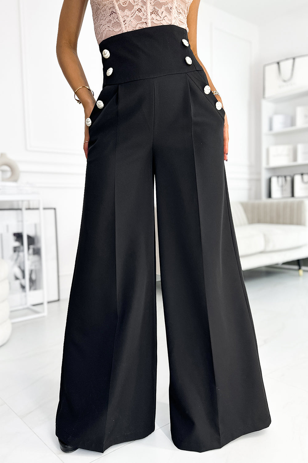 Numoco 496-1 Elegant wide pants with high waist and golden buttons - black-1