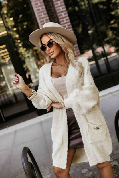 Numoco Basic 628-1 Fashionable oversized cardigan with a decorative brooch and practical pockets - beige-3