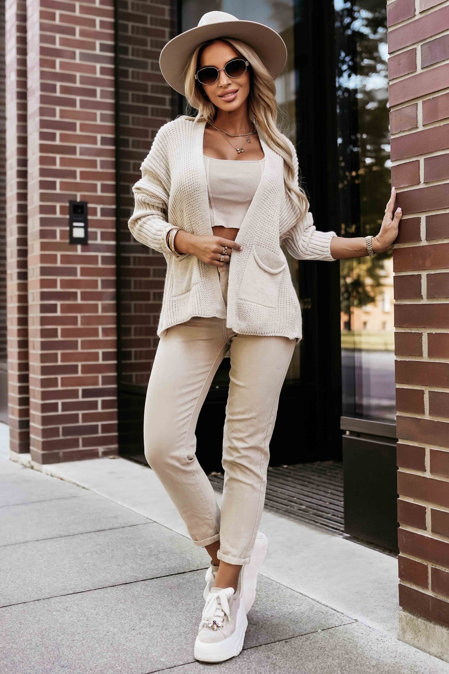 Numoco Basic 630-1 Warm cardigan with pockets and cuffs on the sleeves - beige-3